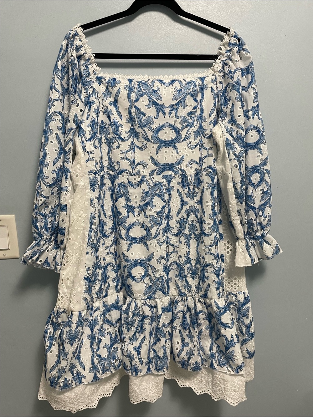 Women’s Blue and White Long Sleeve Eyelet Peasant Dress